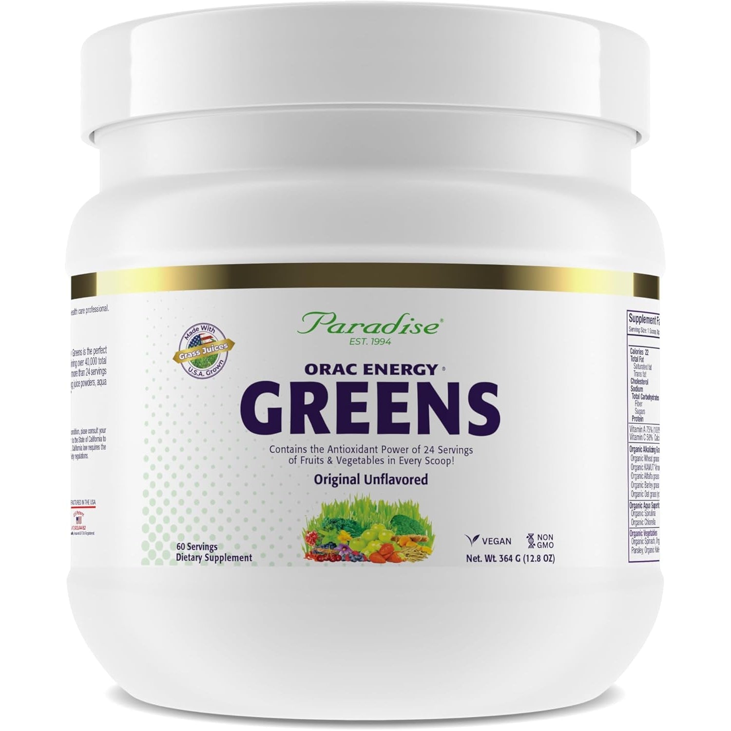 Paradise, ORAC Energy Greens Powder Extract, Super Antioxidants, Probiotics for Gut Health & Digestion, Vitamin C for Immunity, with Spirulina & Chlorella, Non-Gmo, Gluten Free, 60 Servings