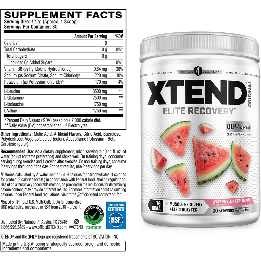 Xtend Original BCAA Powder, 7G Bcaas and 2.5G L-Glutamine for Muscle Recovery Hydration and Lean Muscle, Sugar Free Intra and Post Workout Drink with Electrolytes, Watermelon Explosion, 30 Servings