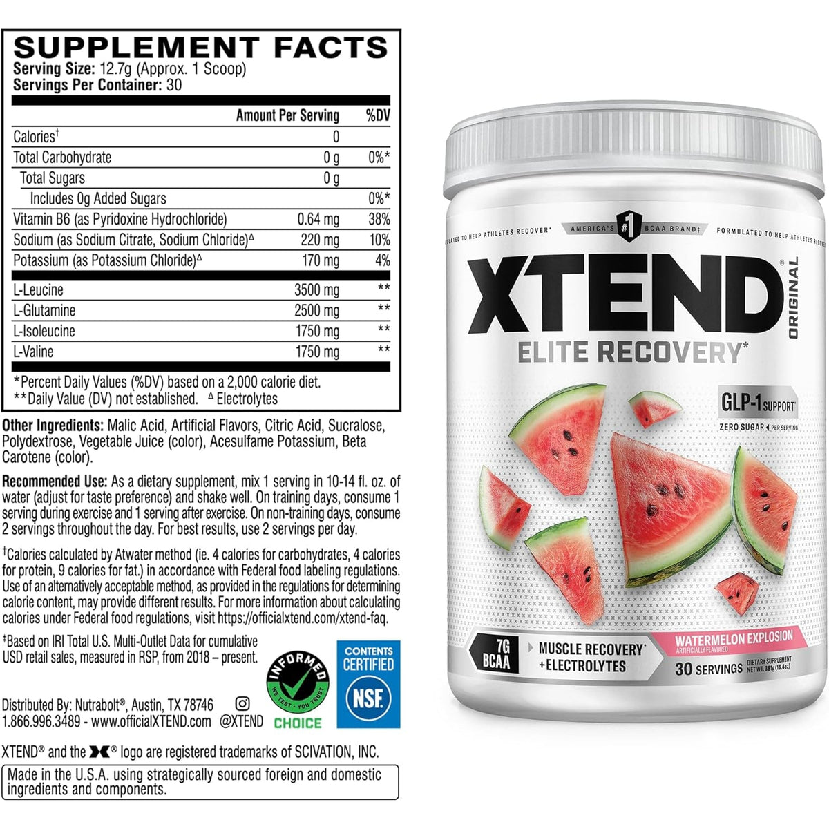 Xtend Original BCAA Powder, 7G Bcaas and 2.5G L-Glutamine for Muscle Recovery Hydration and Lean Muscle, Sugar Free Intra and Post Workout Drink with Electrolytes, Watermelon Explosion, 30 Servings
