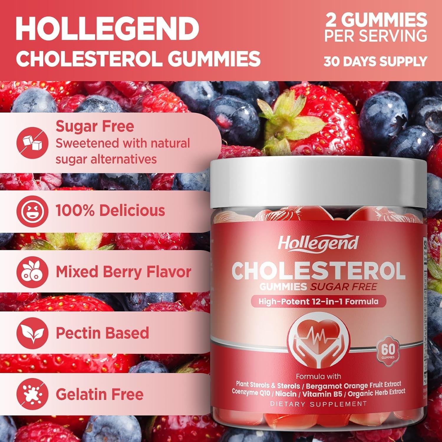 Cholesterol Supplements Gummies Sugar Free, Plant Sterols and Stanols Supplements plus Citrus Bergamot, Coq10 & Vitamins, Organic, Vegan, Natural Mixed Berry Flavor, 60 Chewables
