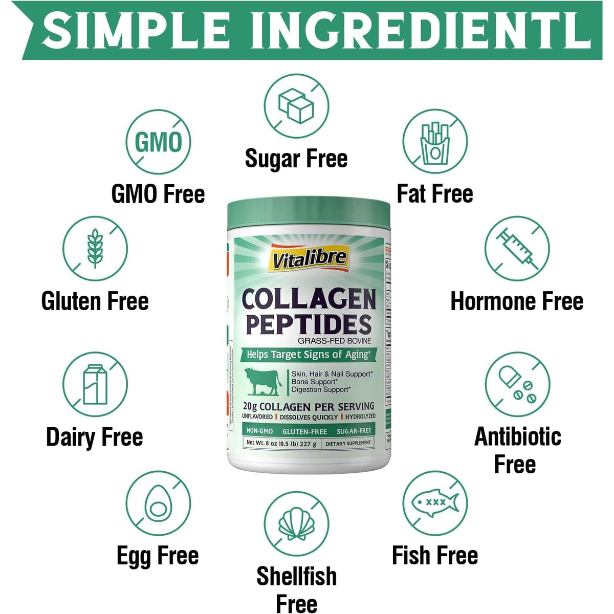 Vitalibre Bovine Collagen Peptides Powder for Women and Men, Grass-Fed Hydrolyzed Collagen Protein Type I & III, Skin, Hair, Nails, Bones, Digestion, Unflavored, Non-Gmo, Keto & GF, 11 Servings, 8Oz
