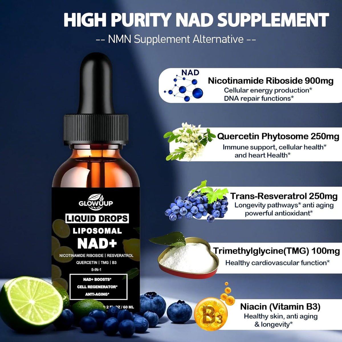 NAD Supplements for Women & Men, Liposomal NAD Nicotinamide Riboside Resveratrol 900Mg W. B3 Vitamin Quercetin TMG, Liquid Resveratrol NAD plus Supplement for Anti-Aging Energy Focus Longevity