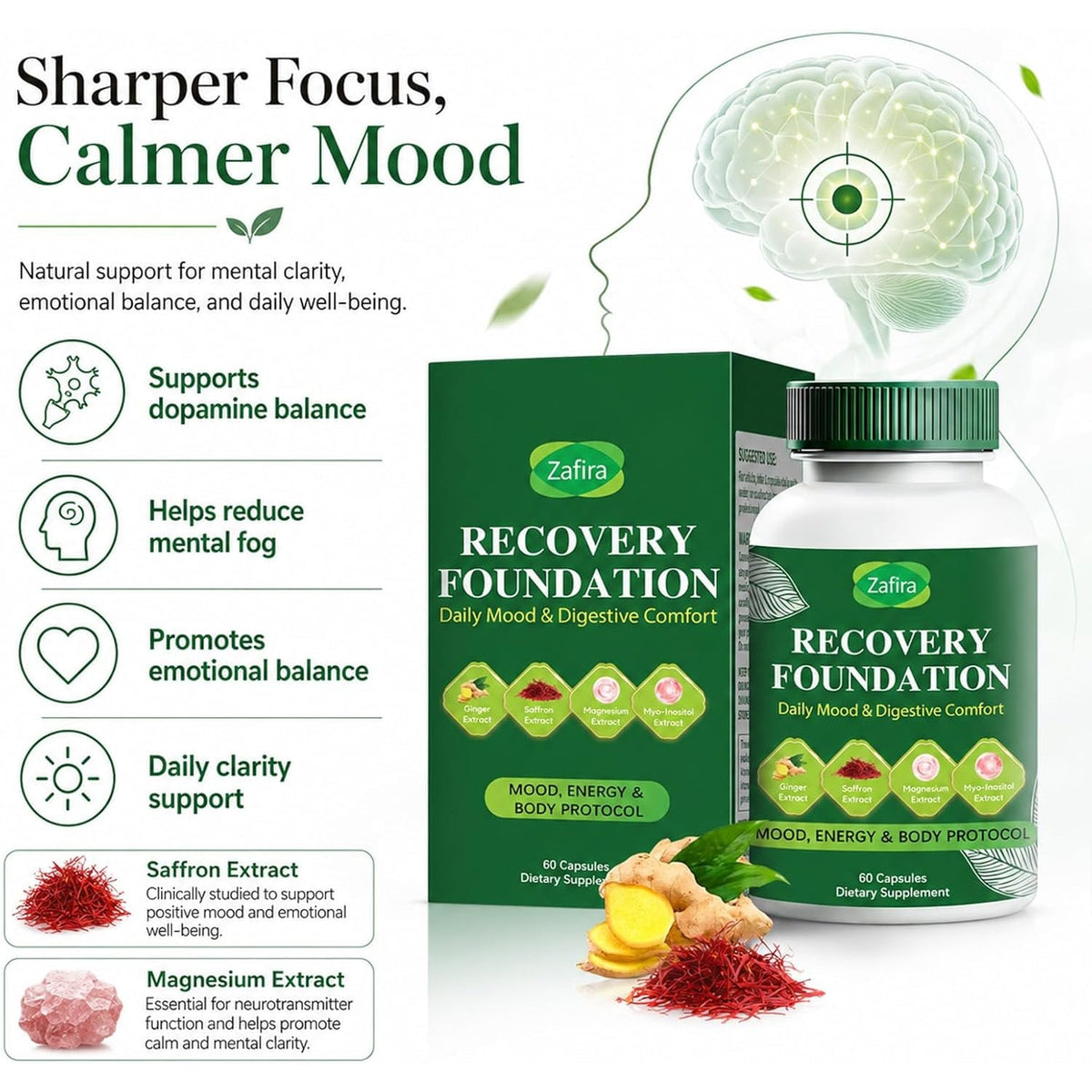 Zafira Recovery Foundation Capsules – Clear Mental Fog, Reduce Hair Loss & Boost Digestion | Clinically Tested, All-Natural Ingredients，Non-Gmo, 60 Capsules