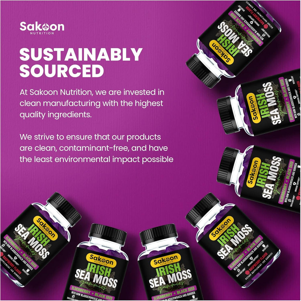 Sakoon Nutrition Irish Sea Moss Gummies with Elderberry & Black Seed Oil - Raspberry Flavor - 60 Gummies