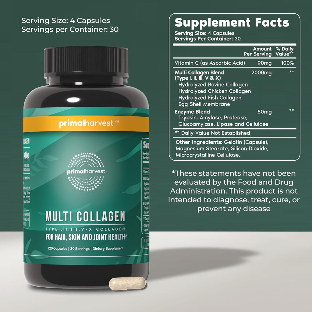 Primal Harvest Multi Collagen Pills for Women and Men (Type I, II, III, V, X) 120 Capsules W/Vitamin C for Hair, Skin, Nails