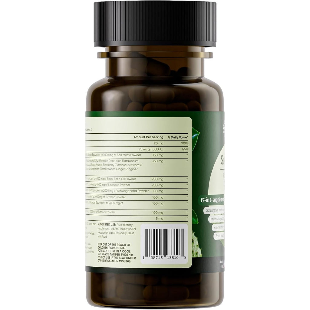 Serene Herbs 17-In-1 Sea Moss Capsules with Irish Seamoss, Black Seed Oil, Ashwagandha, Turmeric & Bladderwrack - Advanced Immunity, Energy & Gut Support - Natural Herbal Supplement - 60 Count