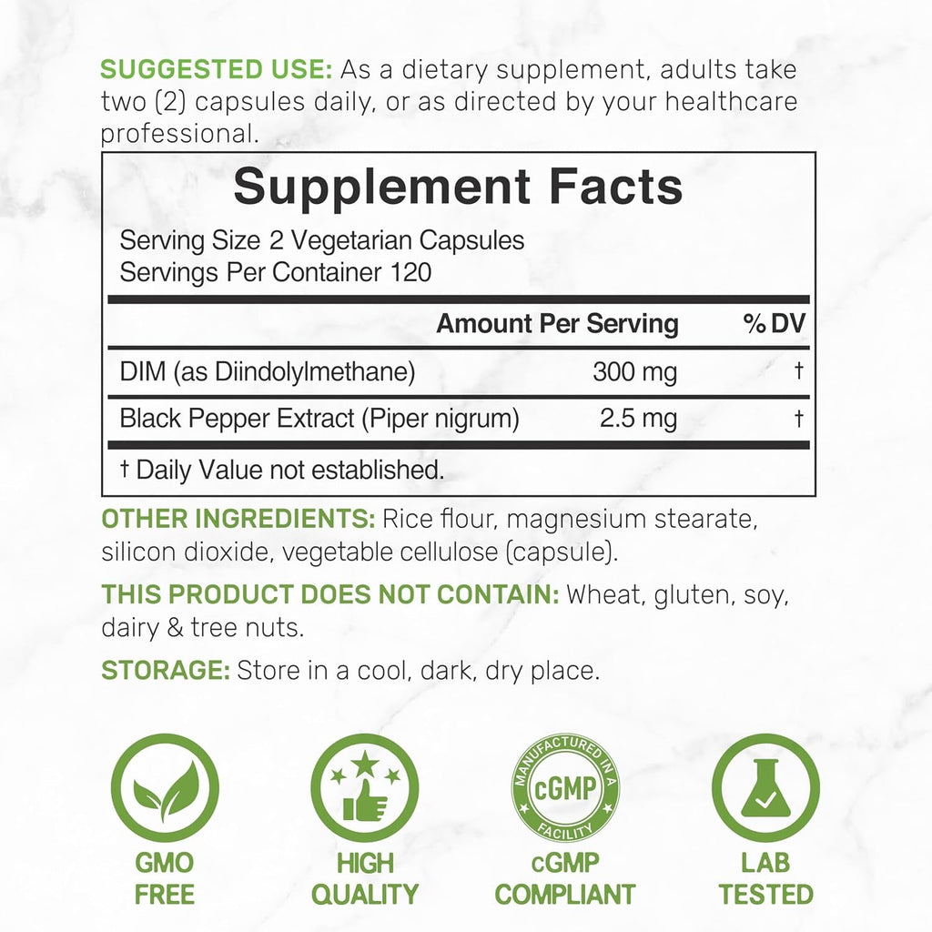 DIM Supplement 300Mg with Black Pepper, 240 Vegetarian Caps, 4 Months Supply | 2-In-1 Dim Supplement for Women & Men | Diindolylmethane plus Black Pepper Extract for Enhanced Absorption*