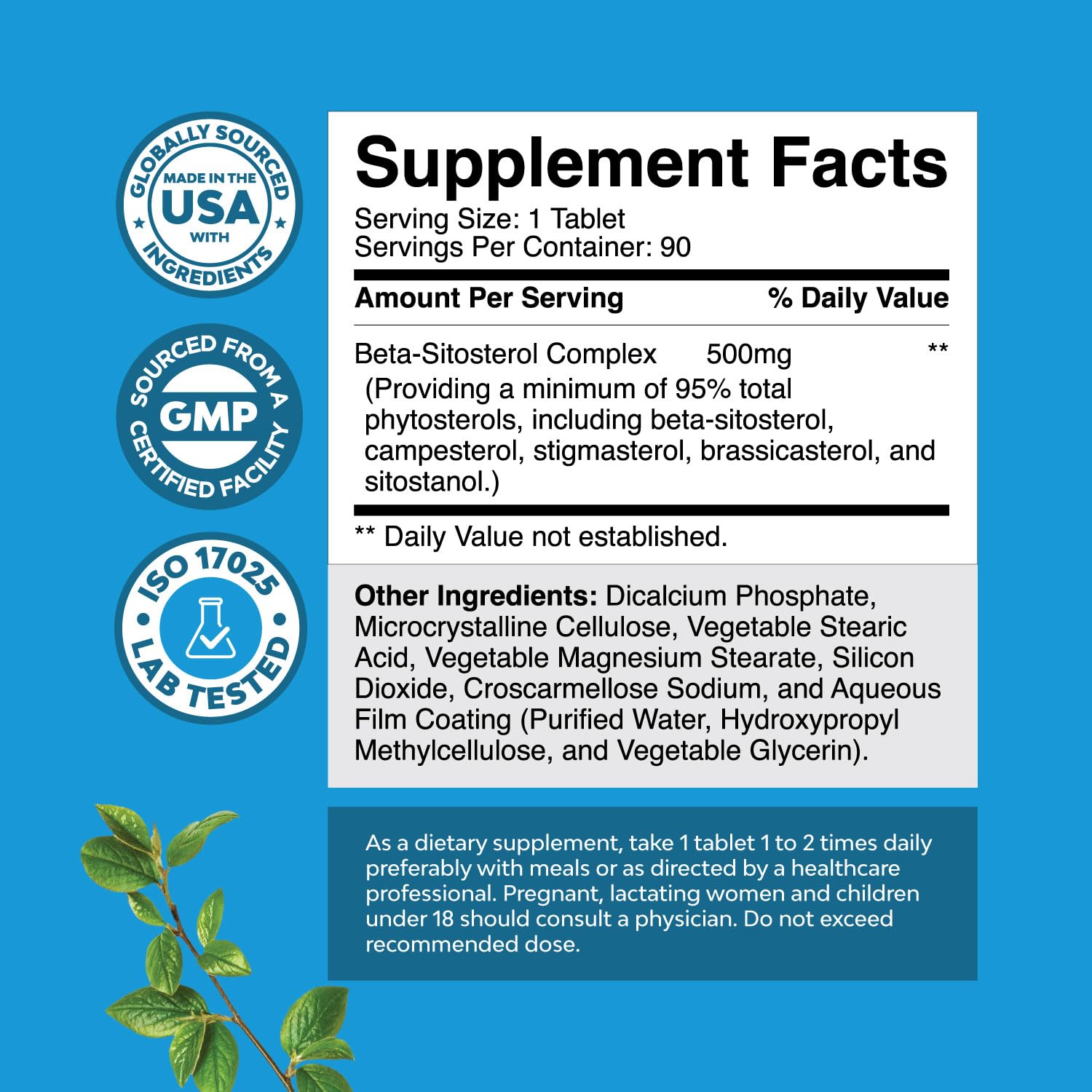 Natures Craft Plant Sterols Complex with Beta Sitosterol - 500Mg Beta-Sitosterol Sterols and Stanols Supplement for Prostate Support - 90 Tablets
