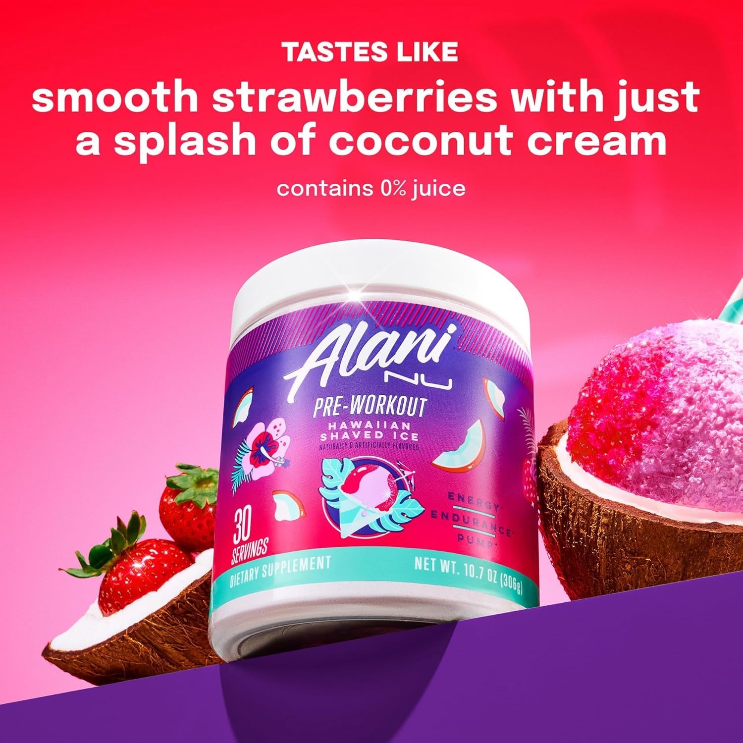 Alani Nu Pre Workout Powder Hawaiian Shaved ICE, Amino Energy Boost, Endurance Supplement, Sugar Free, 200Mg Caffeine, L-Theanine, Beta-Alanine, L-Citrulline, 30 Servings