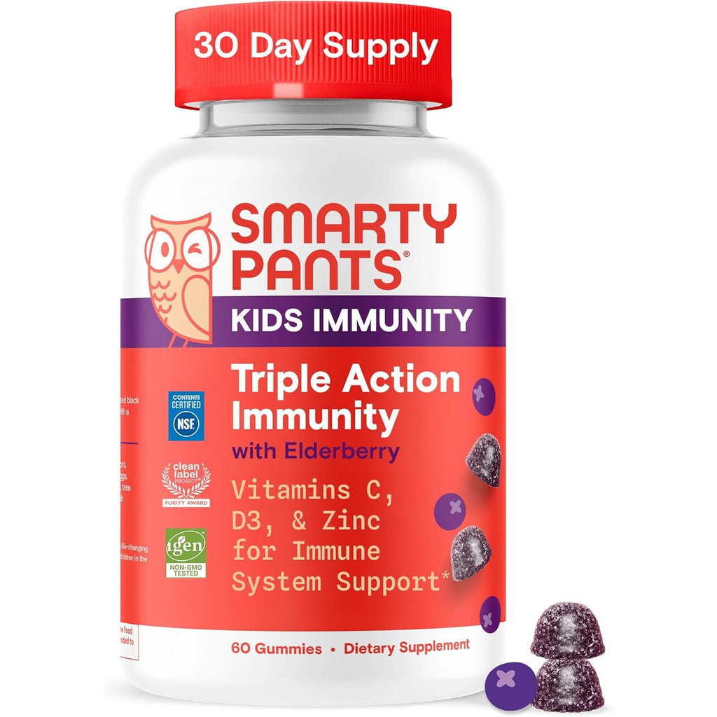 Smartypants Kids Immunity Elderberry Gummies: Kids Immune Support Supplement, Vitamin C, Vitamin D, Vitamins B6 & B12 and Zinc, Gluten Free, Elderberry Flavor, 60 Count (30 Day Supply)