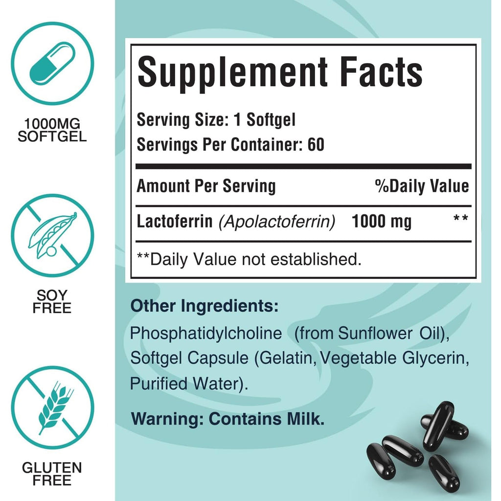 Liposomal Bovine Lactoferrin 1000 Mg - Higher Absorption - for Iron Absorption & Immune Function Lactoferrin Supplements for Adults, 60 Softgels