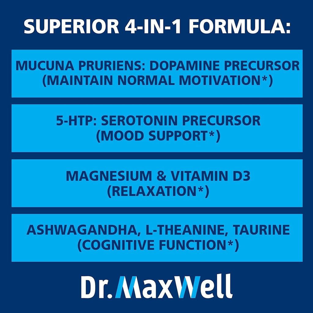 Dr. Maxwell Serotonin and Dopamine Supplements, Better than Dopamine or Serotonin Support Only. Helps Maintain Normal Neurotransmitter Levels. Mucuna Pruriens, 5-HTP, 60 Capsules Women Men