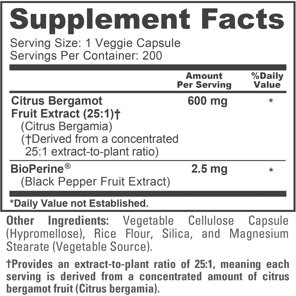 Nusapure Citrus Bergamot Capsules, 600 Mg, 200 Veg Capsules (Non-Gmo, Vegan)