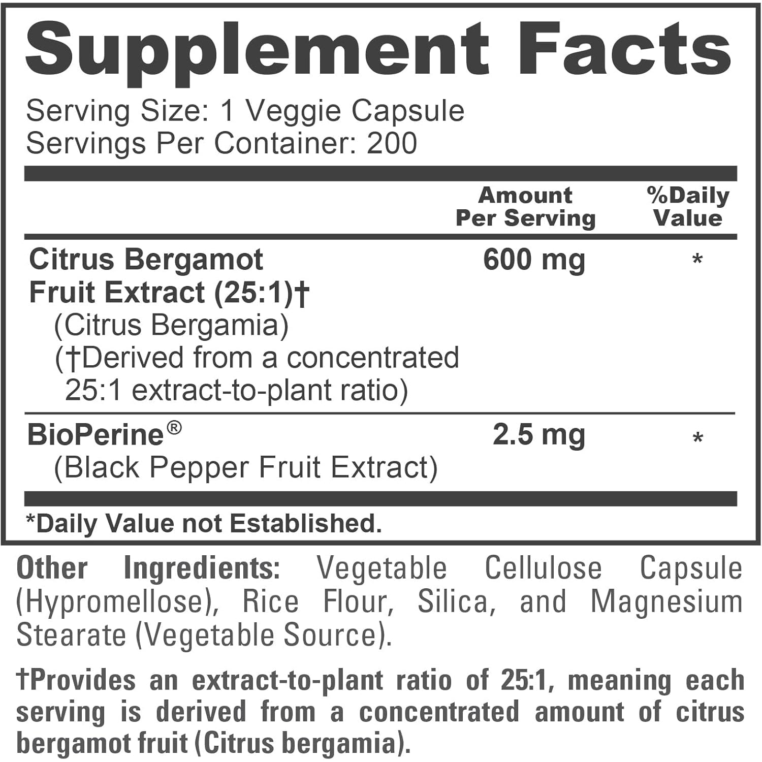 Nusapure Citrus Bergamot Capsules, 600 Mg, 200 Veg Capsules (Non-Gmo, Vegan)
