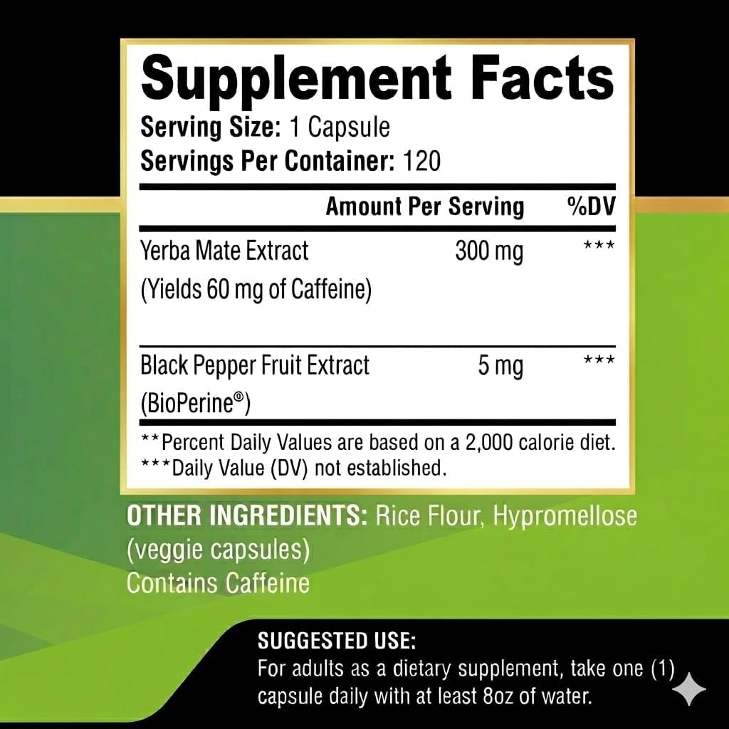 Extra Strength Yerba Mate High Potency, 60Mg Caffeine per Capsule, Extract Pills Supplements for Clean Natural Energy, Made in USA - 120 Caps