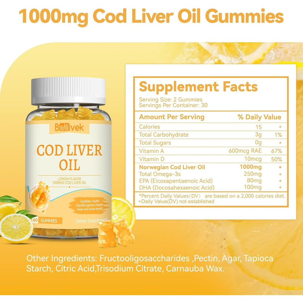 Cod Liver Oil Gummies 1000Mg, Sugar Free for Adults & Kids, Omega-3S & Vitamin A&D 60 Count