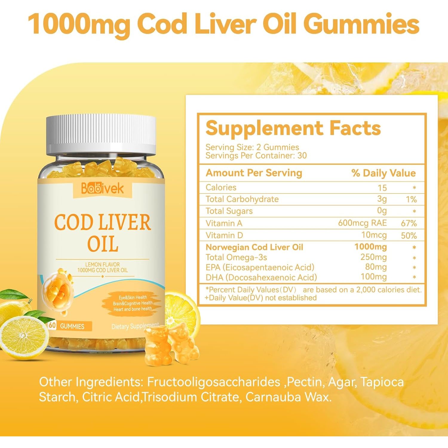 Cod Liver Oil Gummies 1000Mg, Sugar Free for Adults & Kids, Omega-3S & Vitamin A&D 60 Count