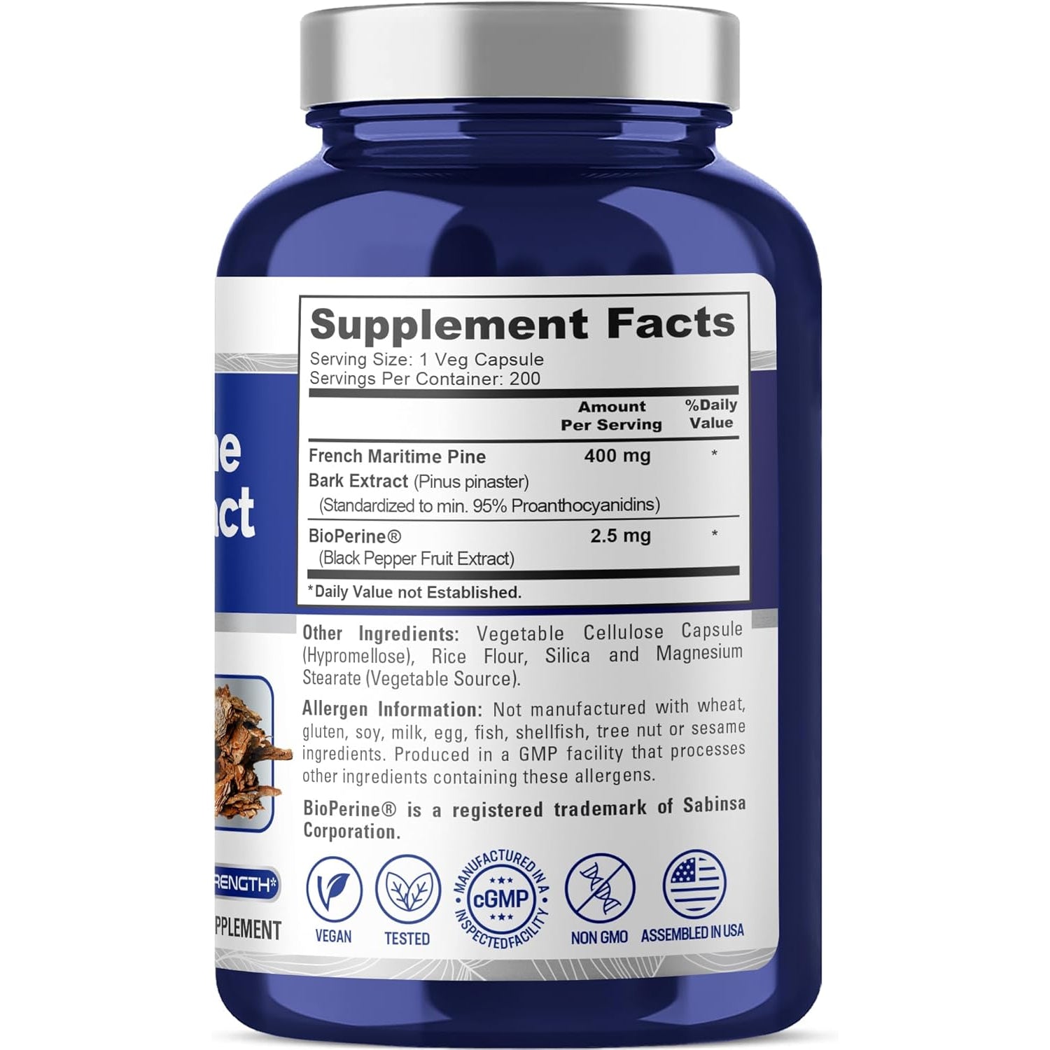 Nusapure French Maritime Pine Bark Extract 400Mg per Veggie Caps 200-Day Supply Bioperine Non-Gmo Vegan