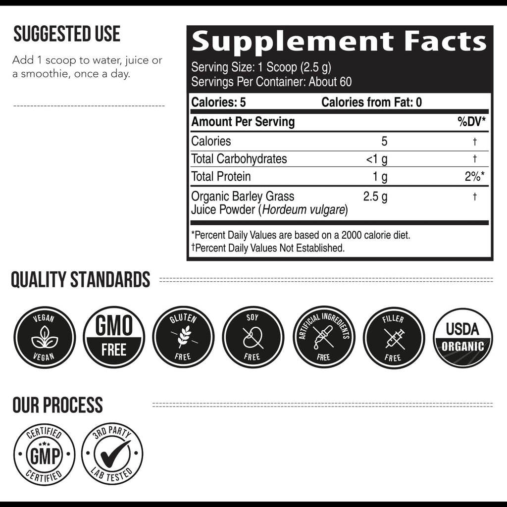 Organic Barley Grass Juice Powder - Grown in Volcanic Soil of Utah - Raw & Bioactive Form, Cold-Pressed Then CO2 Dried – Gluten Free, GMO Free, Vegan - Complements Wheatgrass Juice Powder - 5.3 Oz