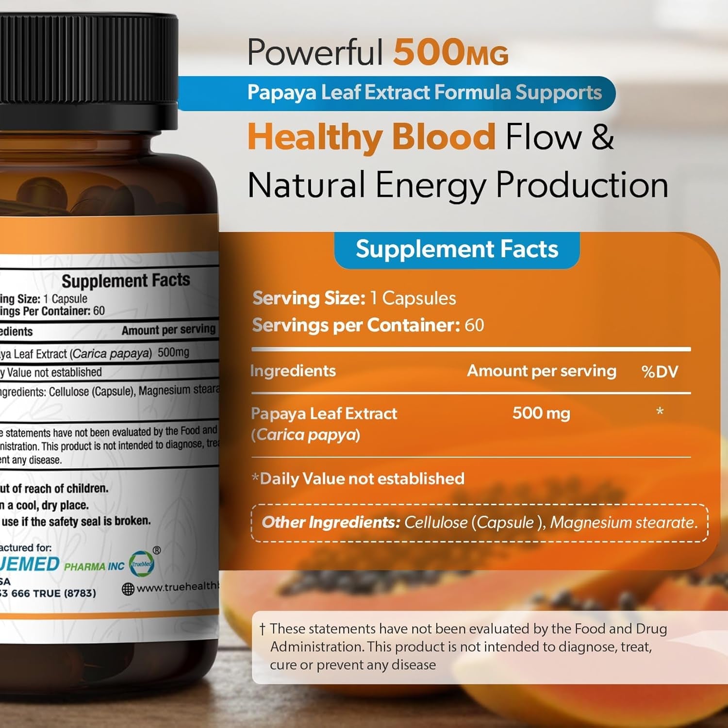 Papaya Leaf Extract 500 Mg for Hair, Skin with 4X Extra Strength Support Blood Platelet with 60 Capsules for 60 Days Supports Digestive Health & Natural Antioxidant