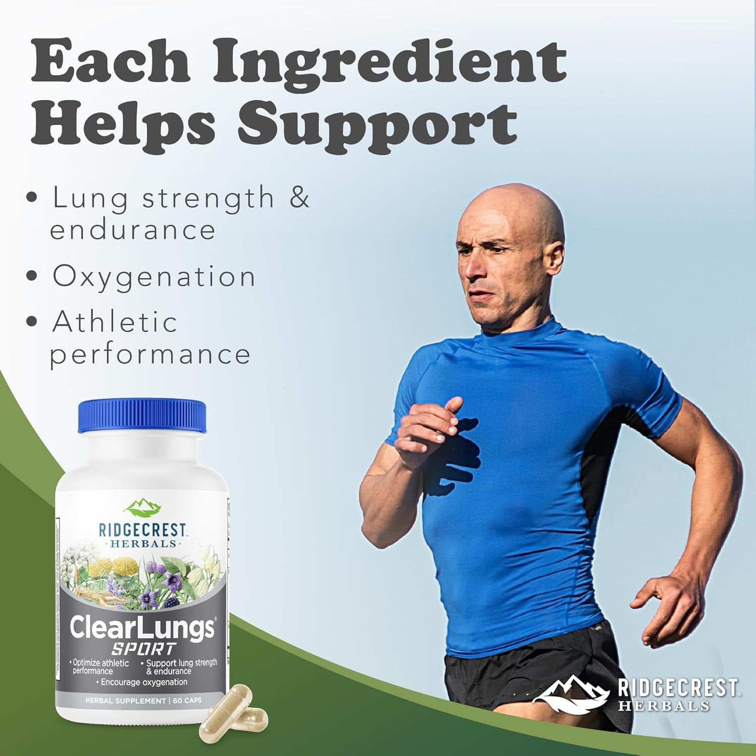 Ridgecrest Herbals Clearlungs Sport, Oxygen Intake and Lung Support Formula with Cordyceps, Rhodiola, Eleuthero (60 Vegan Caps, 30 Serv)