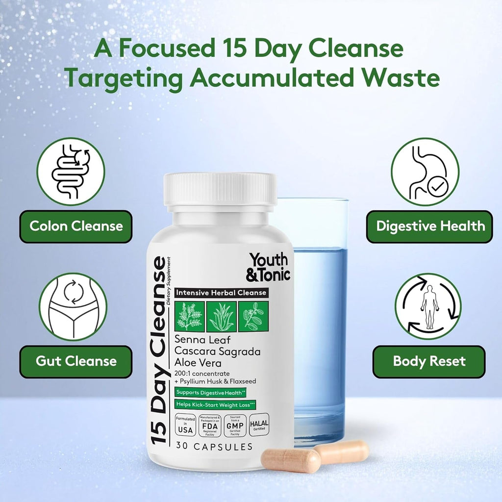 Youth & Tonic 15 Day Cleanse – Colon & Gut Cleanse Detox Reset for Plateaus, Belly Bloating & Regularity, Digestive Health – for Women & Men, 30 Pills