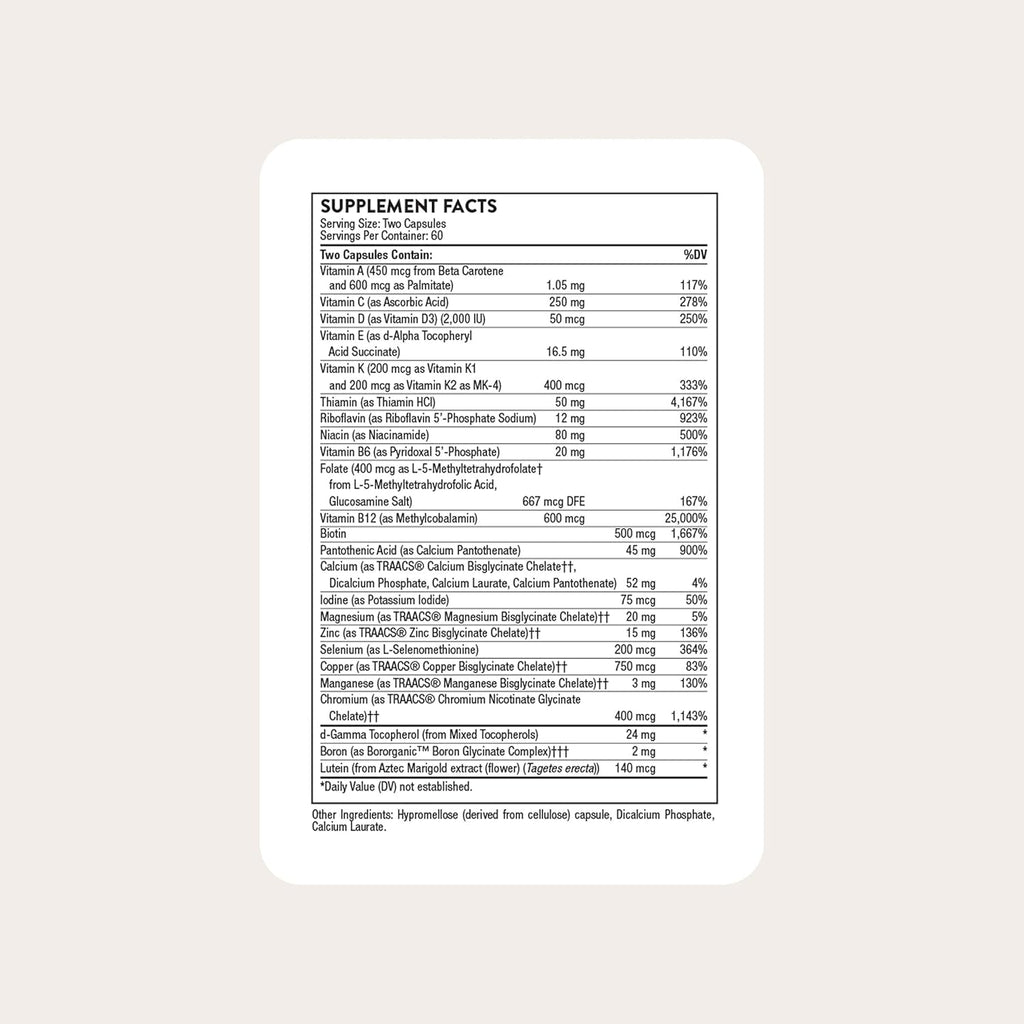 THORNE - Basic Nutrients 2/Day - Comprehensive Daily Multi-Vitamin with Optimal Bioavailability - Vitamin & Mineral Formula - Third-Party Certified - Gluten, Dairy & Soy-Free - 120 Capsules