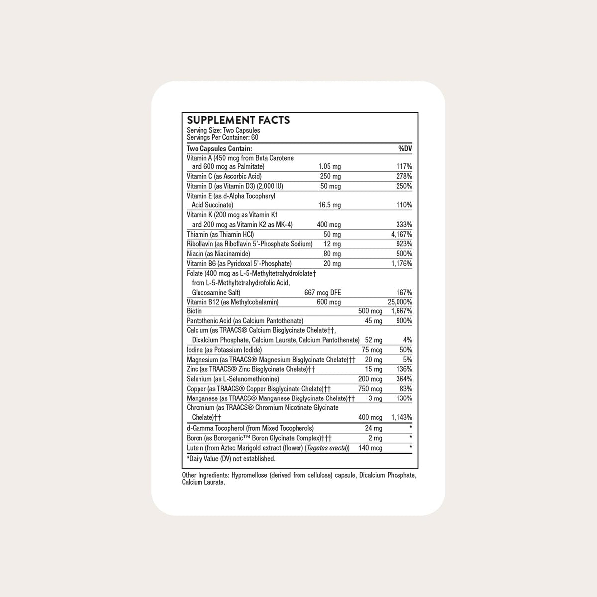 THORNE - Basic Nutrients 2/Day - Comprehensive Daily Multi-Vitamin with Optimal Bioavailability - Vitamin & Mineral Formula - Third-Party Certified - Gluten, Dairy & Soy-Free - 120 Capsules