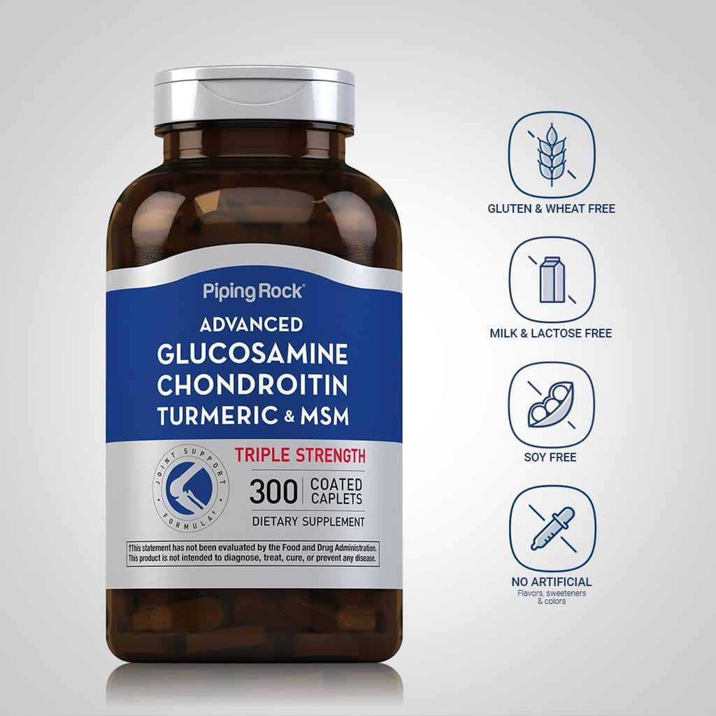 Piping Rock Glucosamine Chondroitin MSM Turmeric | 300 Caplets | Supplement for Women and Men | Advanced Triple Strength Complex | Non-Gmo & Gluten Free