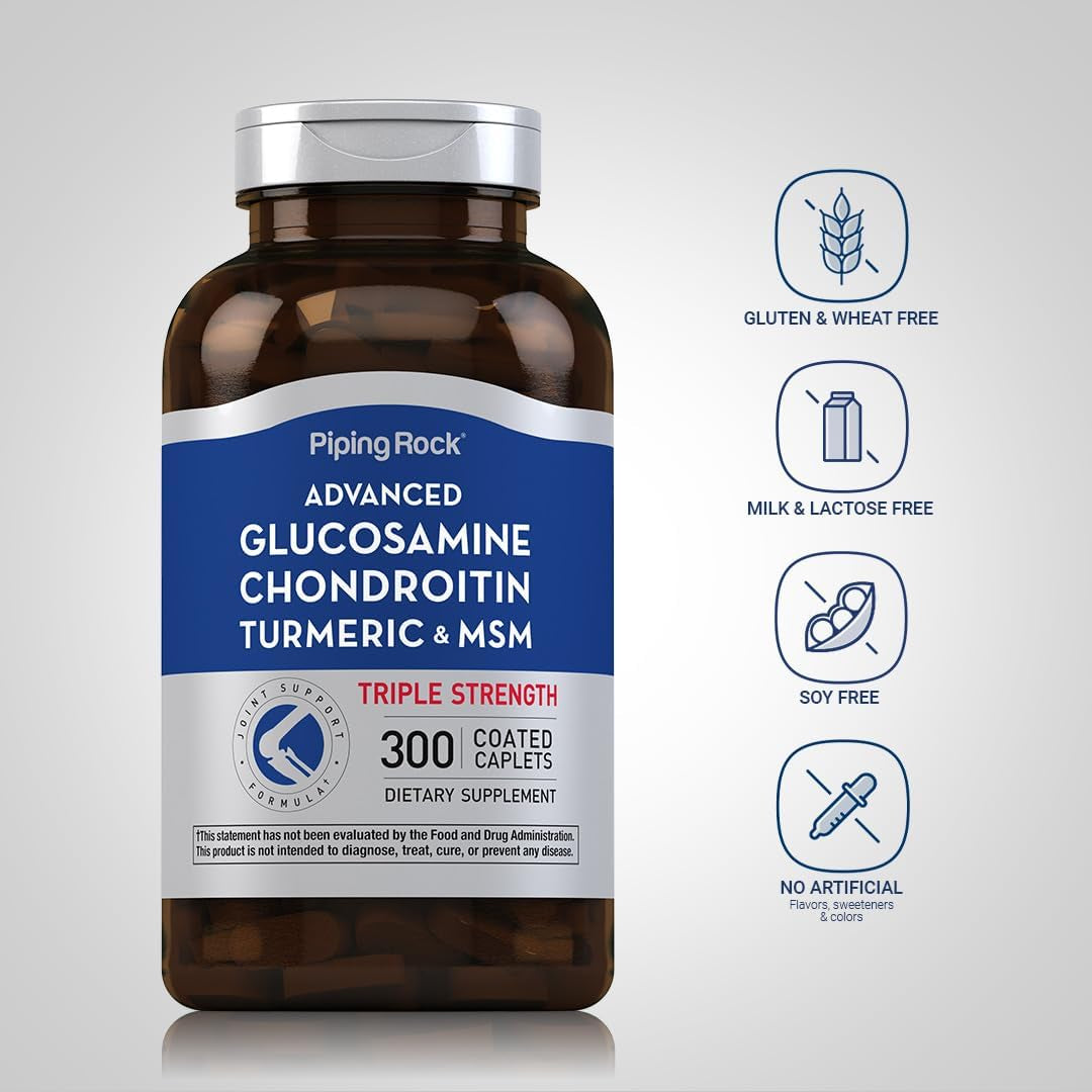 Piping Rock Glucosamine Chondroitin MSM Turmeric | 300 Caplets | Supplement for Women and Men | Advanced Triple Strength Complex | Non-Gmo & Gluten Free