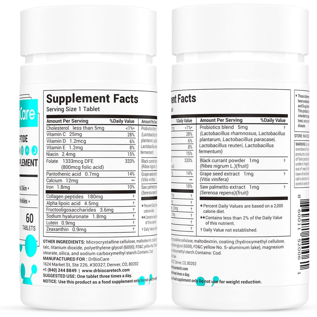 Drbiocare Collagen Peptides for Women, Beauty Vitamin & Mineral Supplement,Contains Vitamin D3, Probiotics for Women & Collagen Peptides,Vitamin B Complex,Vitamin E 60 Tablets