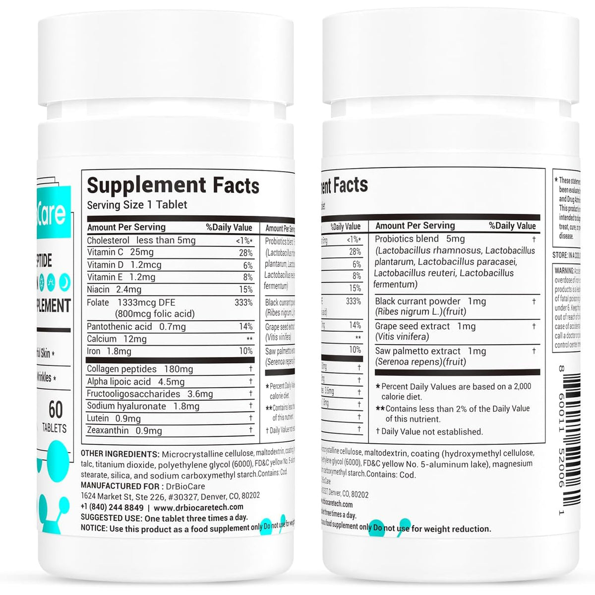 Drbiocare Collagen Peptides for Women, Beauty Vitamin & Mineral Supplement,Contains Vitamin D3, Probiotics for Women & Collagen Peptides,Vitamin B Complex,Vitamin E 60 Tablets