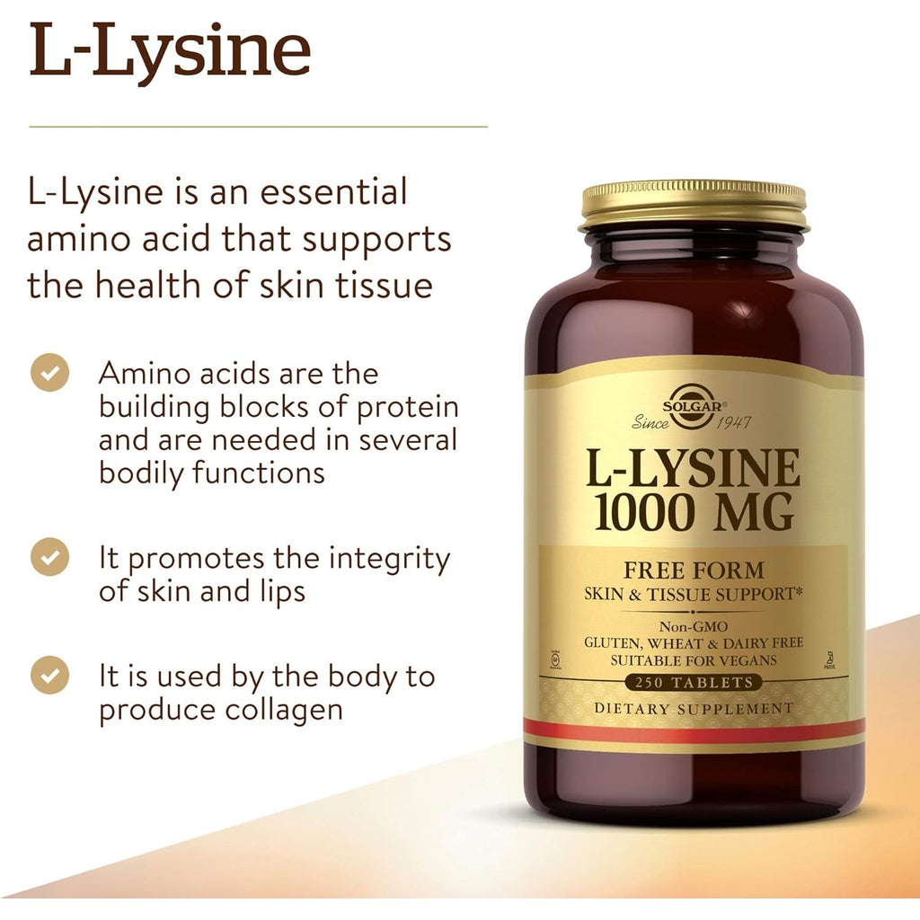 Solgar L-Lysine 1000 Mg, 250 Tablets - Enhanced Absorption and Assimilation - Promotes Integrity of Skin and Lips - Collagen Support - Amino Acids - Non-Gmo, Vegan, Gluten Free - 250 Servings
