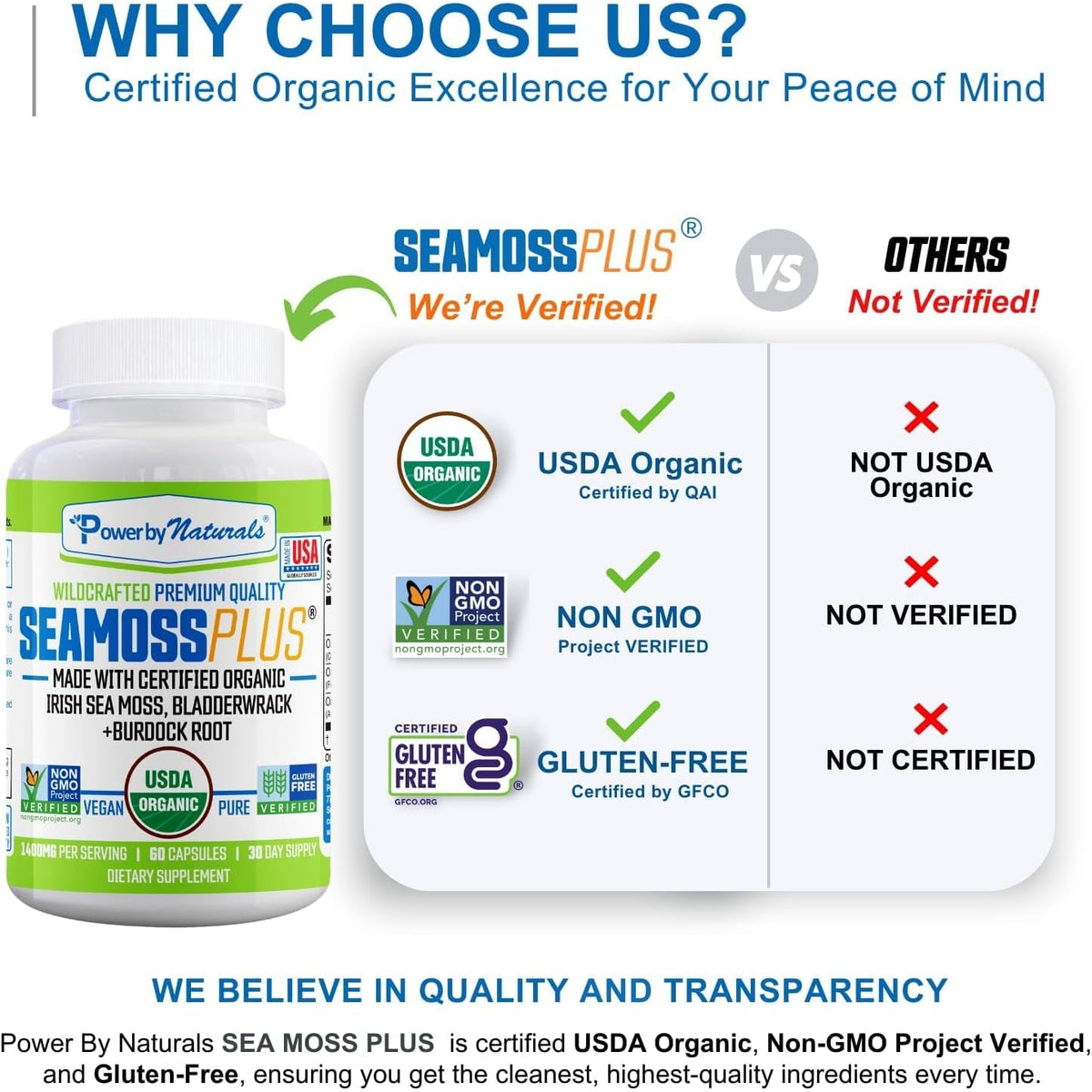 Power by Naturals Sea Moss plus – USDA Organic Irish Sea Moss Capsules with Bladderwrack & Burdock Root – Immune Support for Adults – Vegan, Non-Gmo, Gluten-Free – 60 Capsules (1-Month Supply)