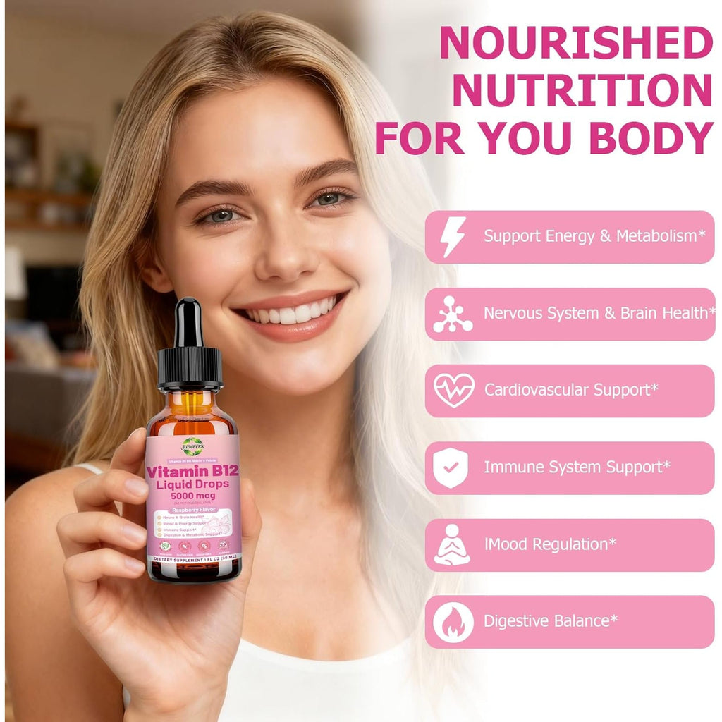 Liquid Vitamin B12 Drops 5000 Mcg - Extra Strength B12 Methylcobalamin with B1 B6 B3 Folate Niacin - Fast Absorption Sublingual B-12 Drops for Energy Metabolism & Brain Function, Vegan B Complex
