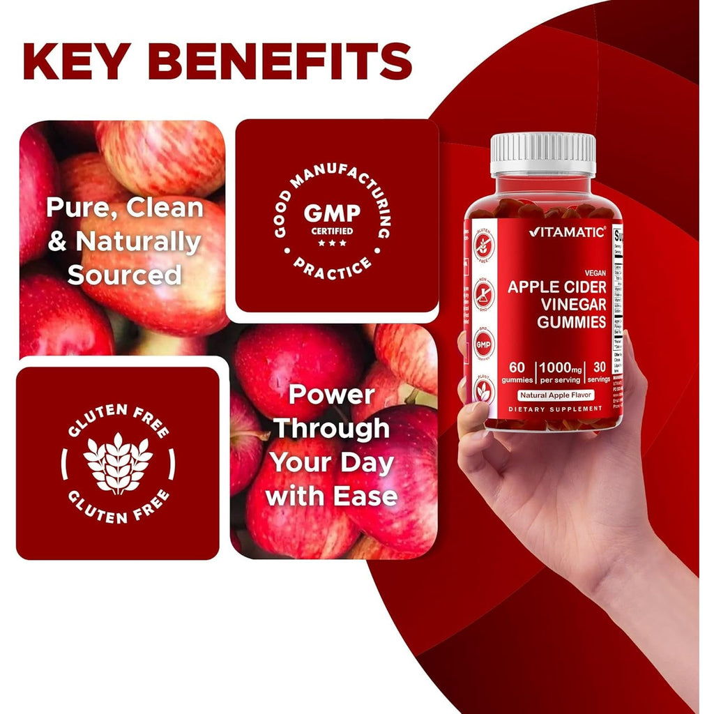 Vitamatic Apple Cider Vinegar Gummies - 1000Mg per Serving - 60 Vegan Gummies - ACV Gummies for Detox, Weight Loss Support, Energy Boost, Digestion & Gut Health