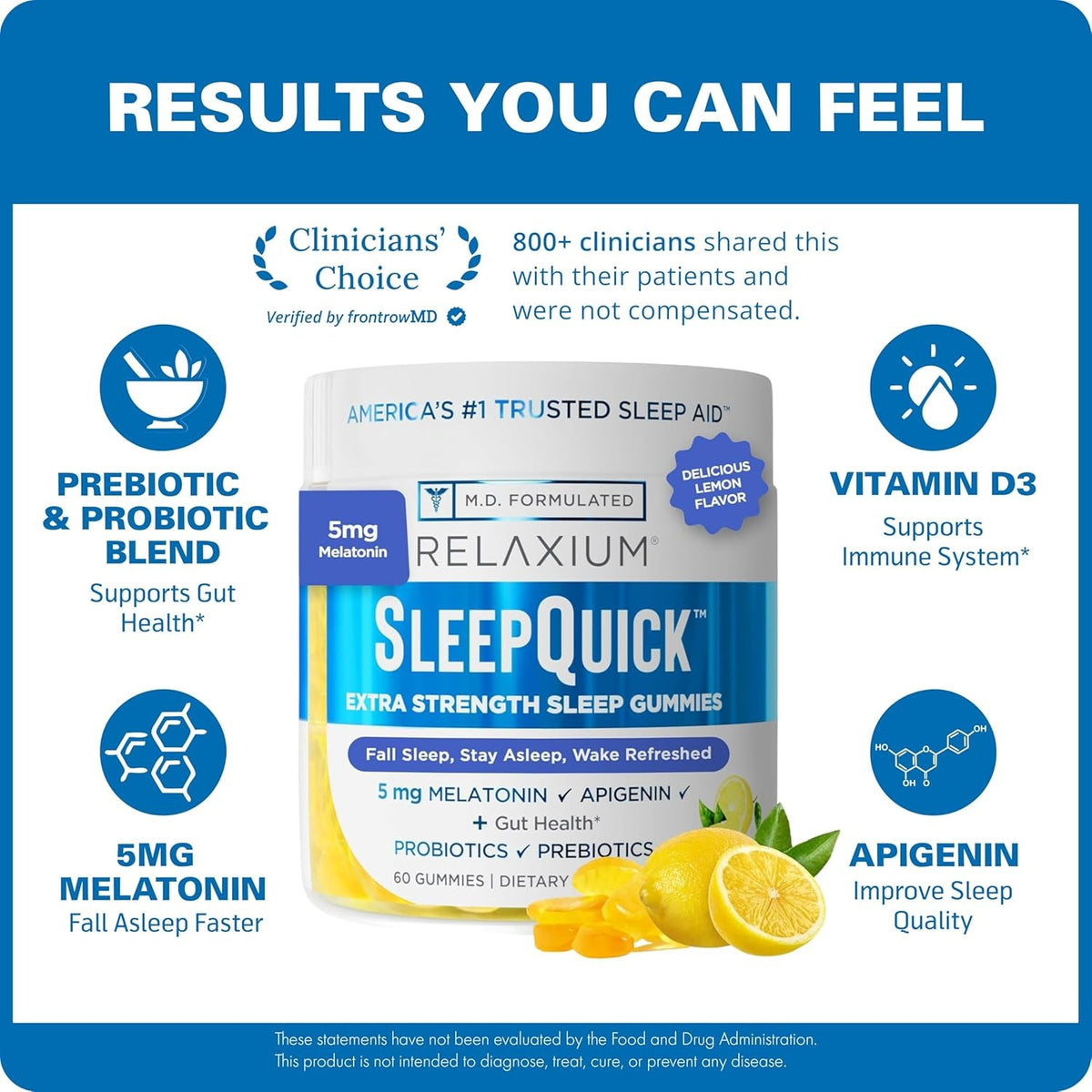 Relaxium Sleepquick Gummies - Sleep Aid + Gut Health & Immune Support, 5 Mg Melatonin, Vitamin D-3 + Prebiotic & Probiotic Blend, Gluten & Drug Free, Lemon Flavor, 60 Gummies