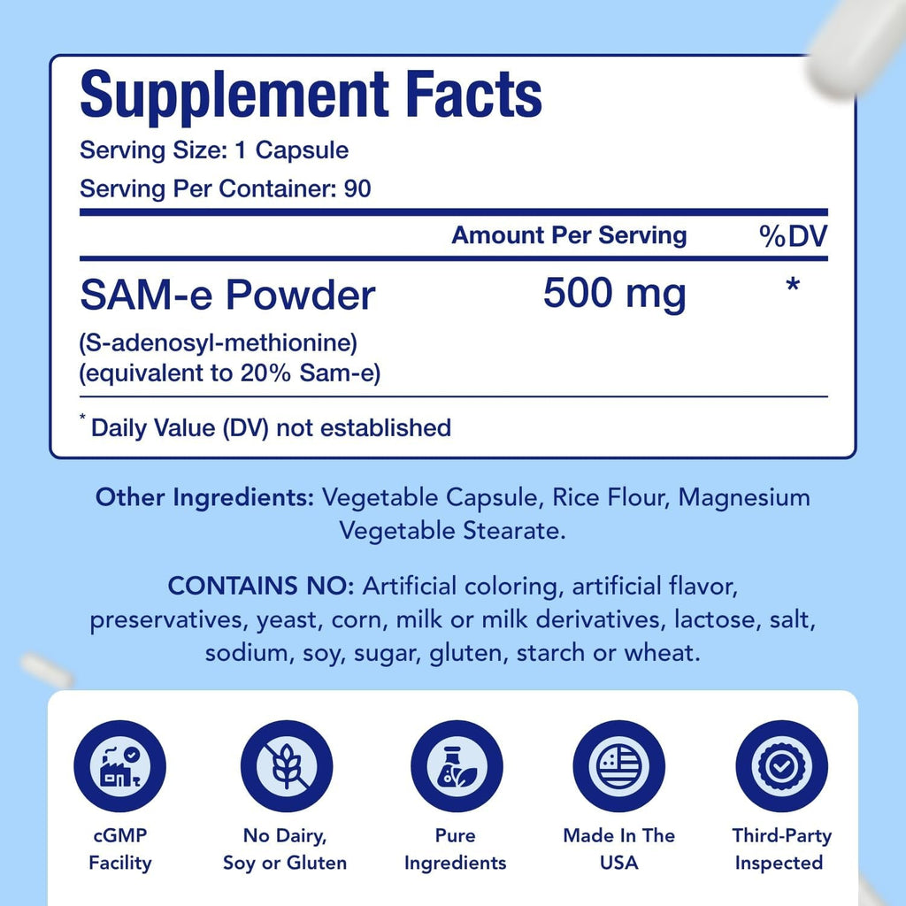 SAM-E Supplement 500Mg | Easy Absorption S-Adenosyl-L-Methionine Sam-E 500Mg for Bone and Mood Support Supplement | Made in the USA Non-Gmo and Gluten Free (90 Day Supply)