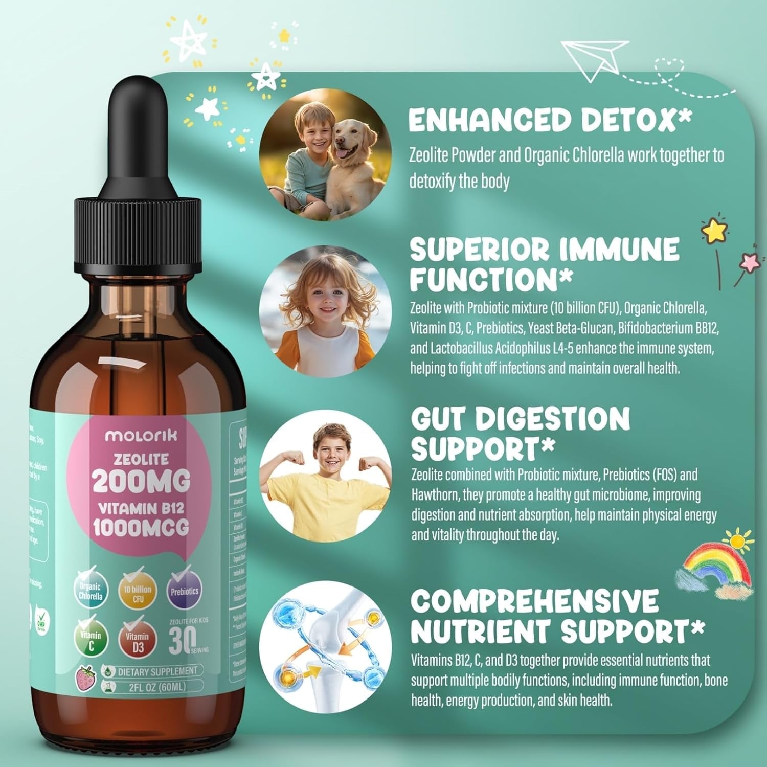 Zeolite Detox for Kids and Adults, 200Mg Zeolite Liquid Drops with 1000Mcg Vitamin B12, Organic Chlorella, 10 Billion CFU & Prebiotics for Gut Support & Speech, Immune, Bone, Energy*, Strawberry, 60ML