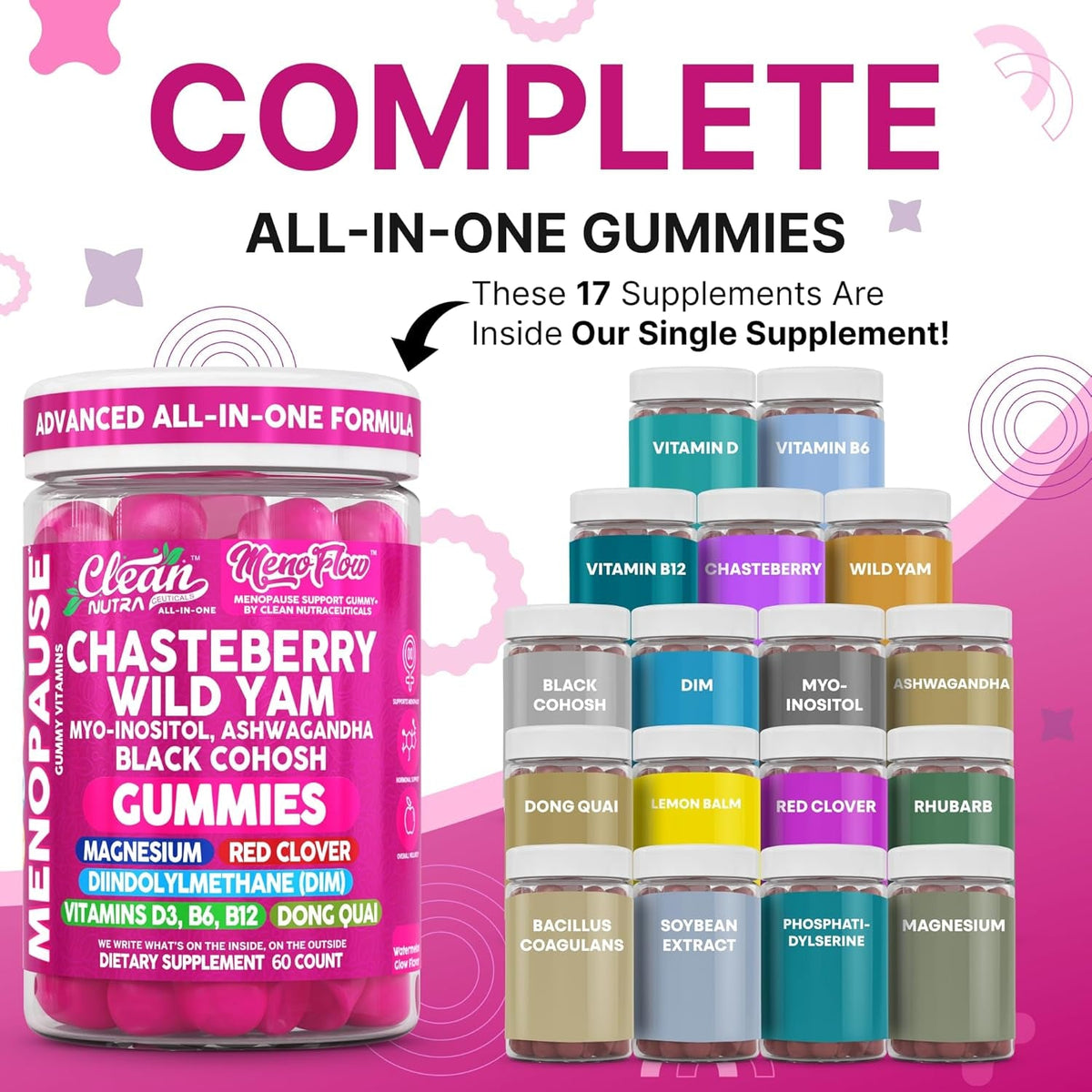Clean Nutra Menopause Supplements for Women Chastberry Wild Yam Gummies Inositol Black Cohosh Magnesium Red Clover DIM Supplement B6 Magnesium Glycinate Glycine Vitex Hormone Balance Gummy Vitamins