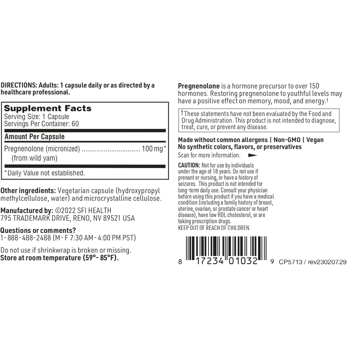 Klaire Labs SFI Health Pregnenolone - May Support Memory, Mood & Energy for Adults - 100Mg Derived from Wild Yam - Bioavailable & Micronized for Enhanced Absorption - Hypoallergenic (60 Capsules)