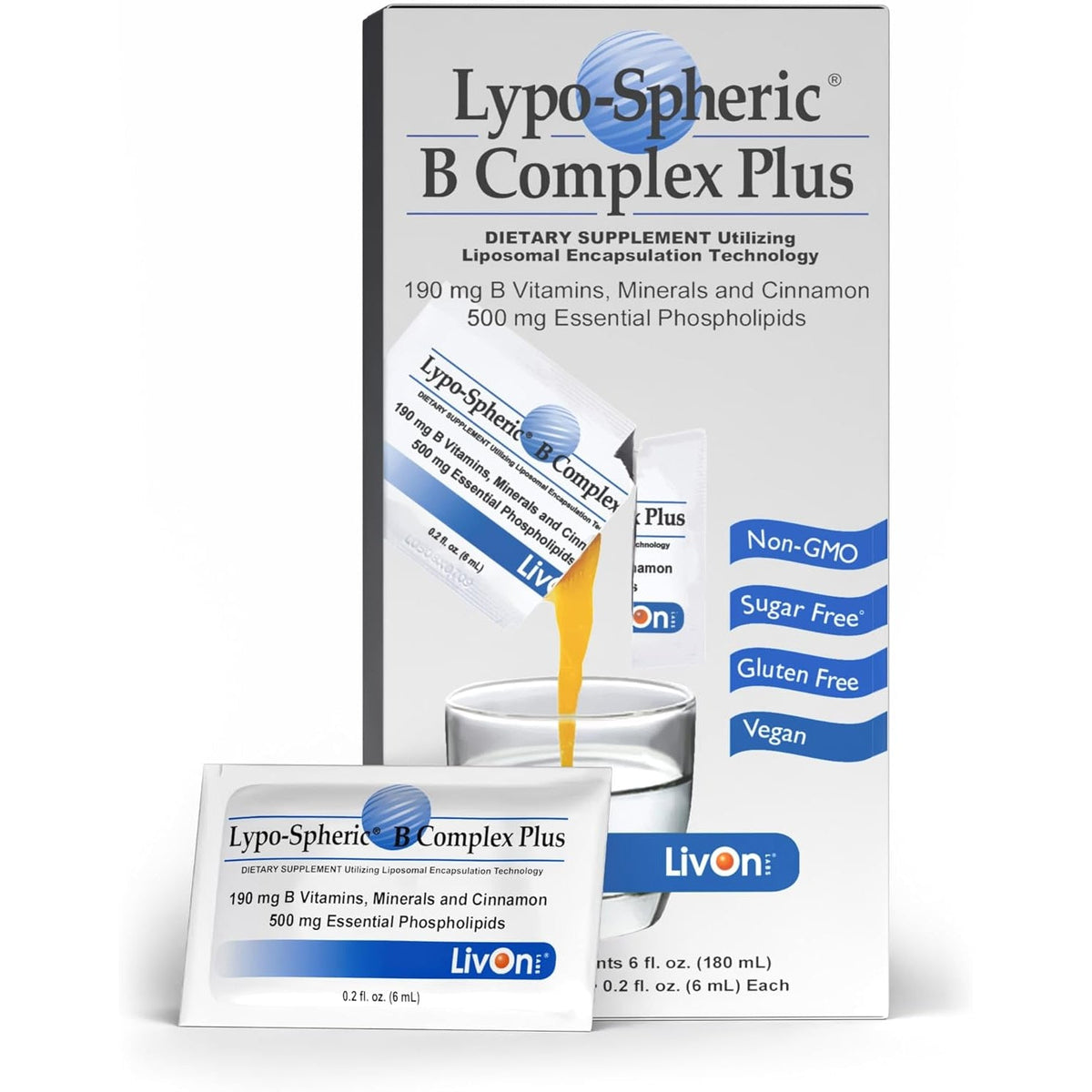Livon Laboratories Lypo–Spheric B Complex plus – 30 Packets – 195 Mg B Vitamins, Minerals & Cinnamon per Packet – Liposome Encapsulated for Improved Absorption – 100% Non–Gmo