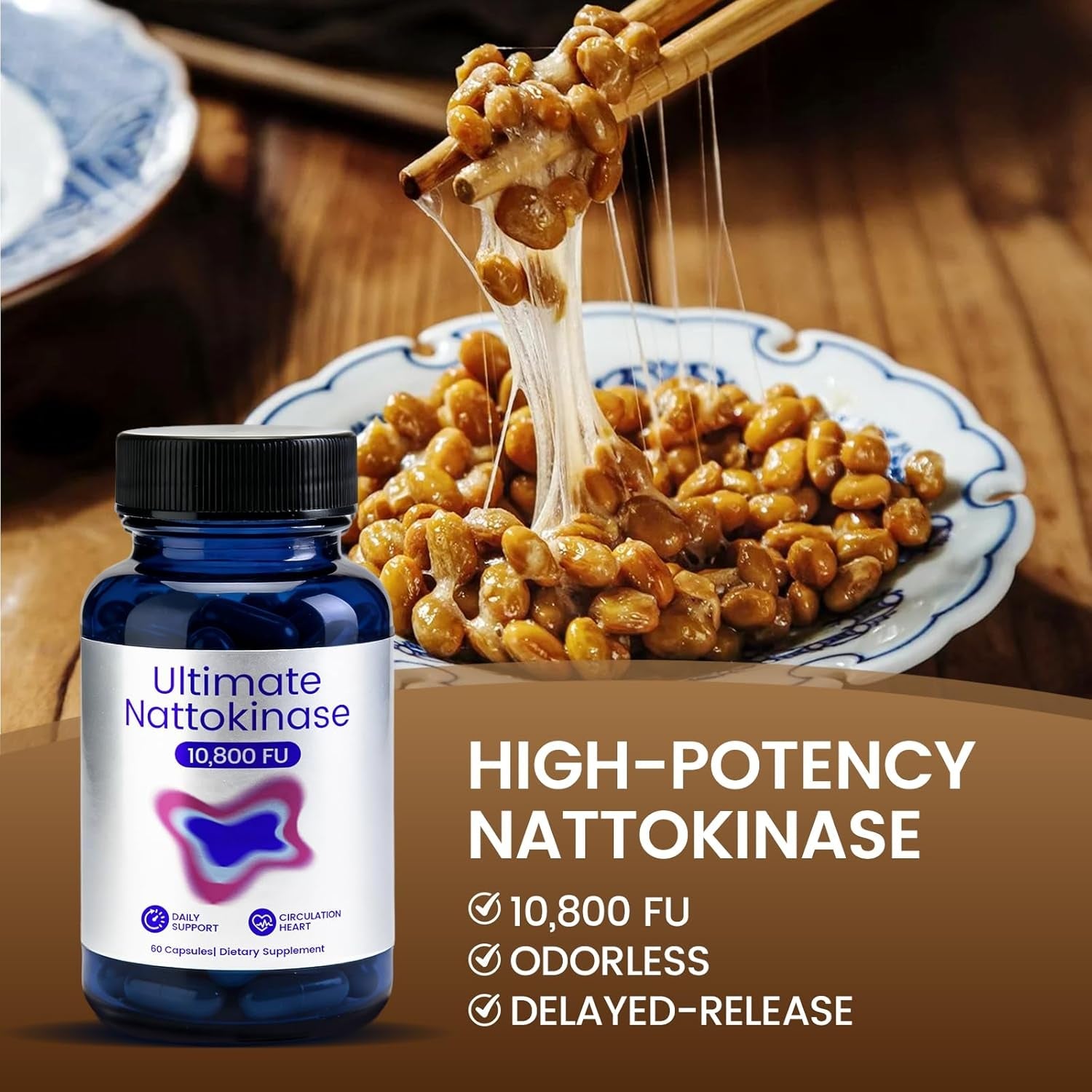Ultimate Nattokinase Supplement with 10,800 FU of Nattokinase, Natural Support for Circulation & Cardiovascular Health, Odorless Fermented Soy Enzyme, Easy Daily Routine, 60 Capsules