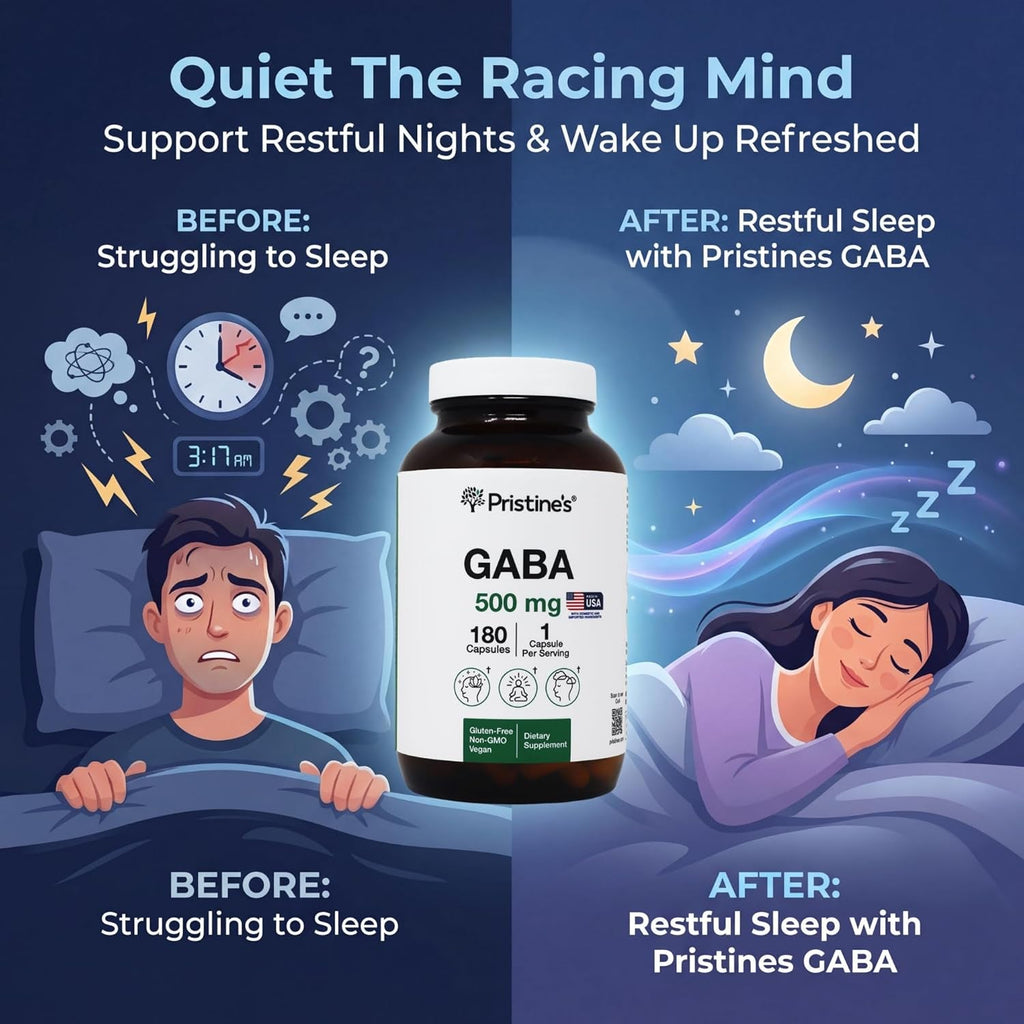 PRISTINE'S GABA 500Mg Sleep Quality Support Supplement - 180 Day Supply - Calm Mind & Relaxation Sleep Support Capsules Glass Bottle
