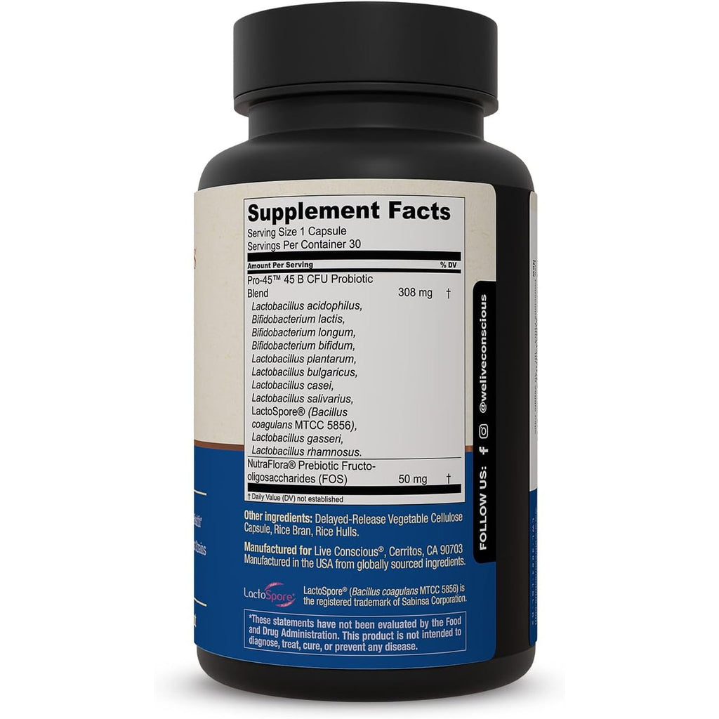 Live Conscious PRO45 Probiotics for Women & Men: Comprehensive Formula, 45 Billion CFU, 11 Strains, Dairy Free - W/Prebiotics and Probiotics - Promotes Immune & Gut Health - 30 Veggie Caps