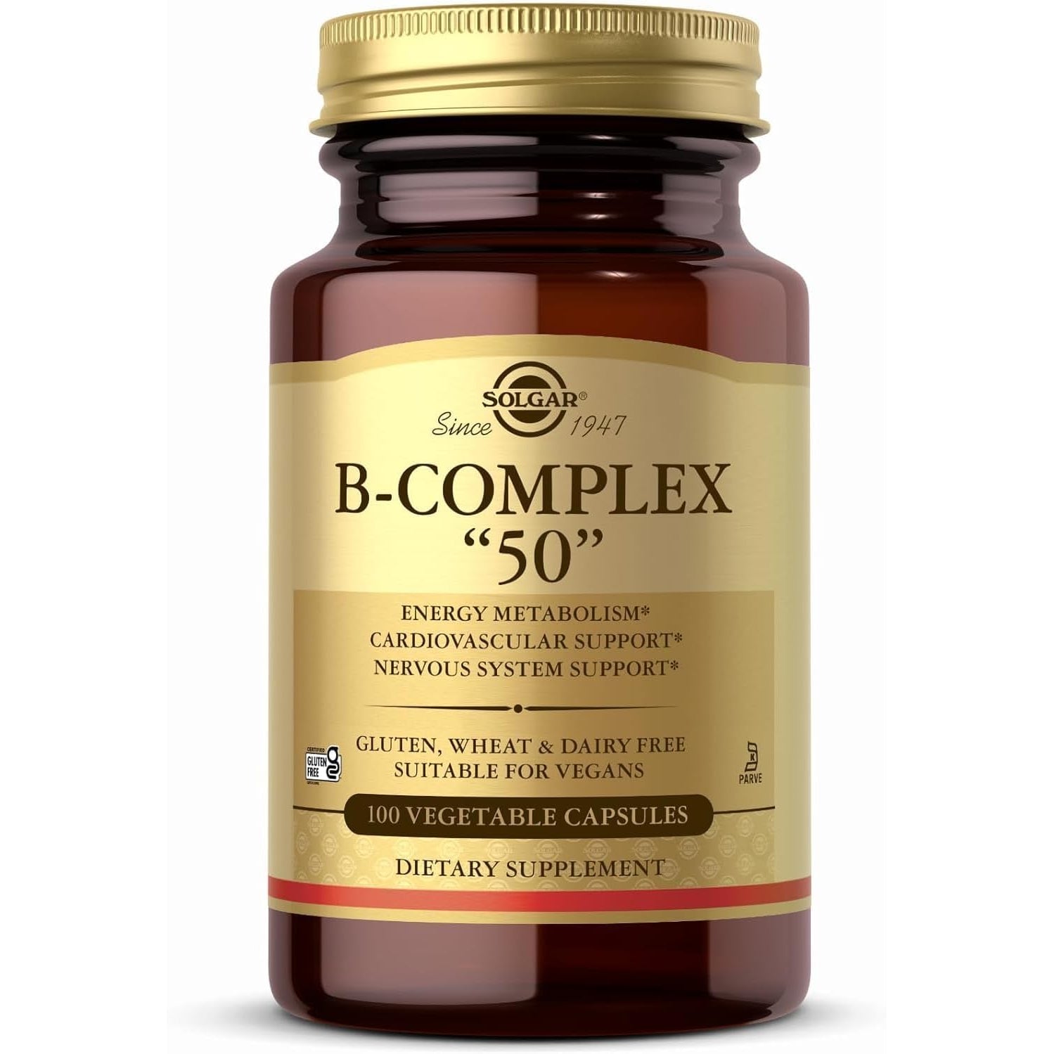 Solgar B-Complex “50”, 100 Vegetable Capsules - Energy Metabolism, Cardiovascular Support, Nervous System Support - Non-Gmo, Vegan, Gluten Free, Dairy Free, Kosher - 100 Servings