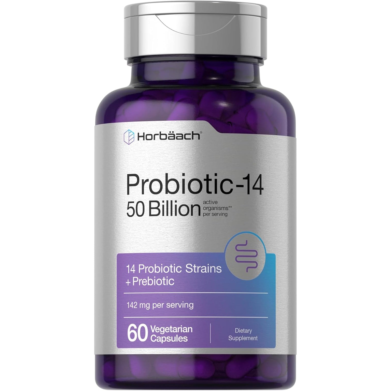 Horbaach Probiotics for Women and Men | 60 Capsules | 14 Probiotic Strains with Prebiotic | 50 Billion Active Organisms | Non-Gmo & Gluten Free Supplement