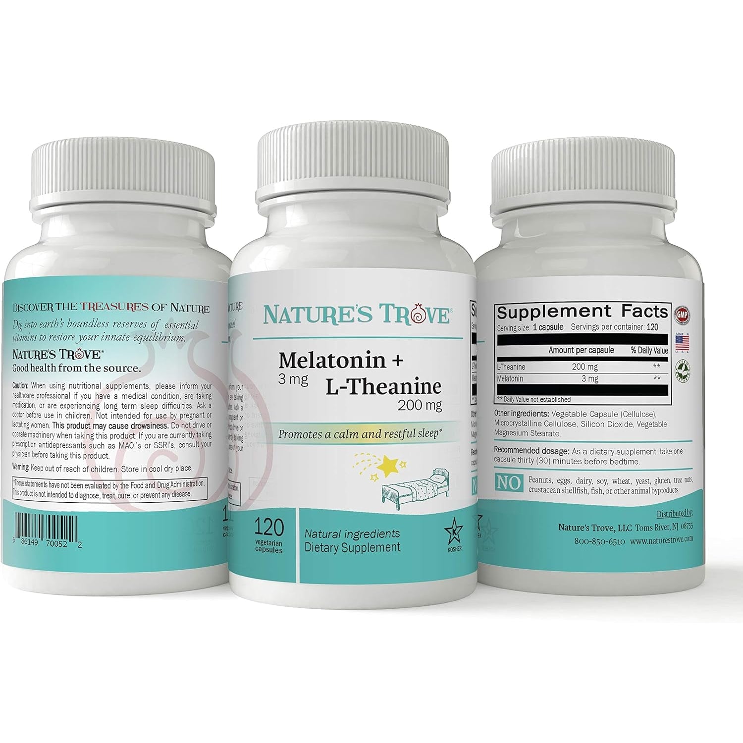 Nature'S Trove Melatonin 3Mg + L Theanine 200Mg – Calm and Relaxation – 120 Kosher Vegetarian Capsules
