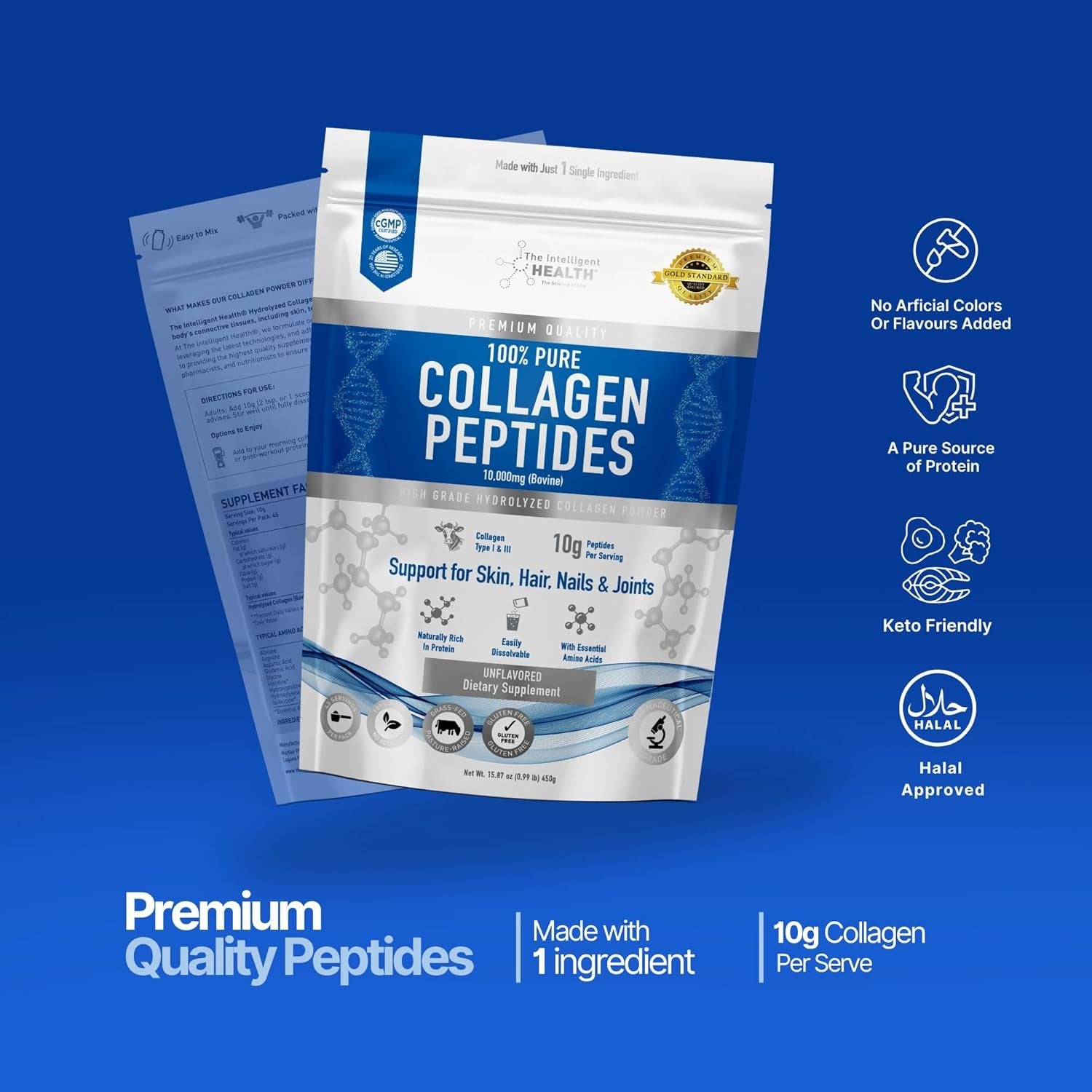The Intelligent Health Collagen Peptides Powder, 45 Servings, Hydrolyzed Collagen, Type I & III, Grass Fed, Unflavored, Gluten Free, Keto/Paleo, 10G Servings, 15.9 Oz, Skin Support, Hair, Nail, Joints