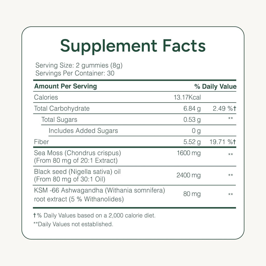 ROOT LABS Sea Moss Gummies I 92+ Minerals I Black Seed Oil I KSM 66 Ashwagandha I Lab Tested I No Added Sugar | for Men, Women I Non-Gmo I 100% Natural & Organic I 1600 Mg I 60 Gummy